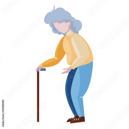 Old lady walking stick character flat