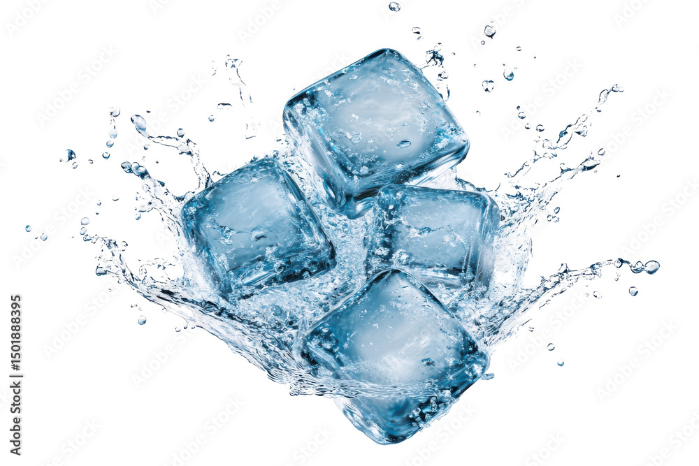 Ice cubes dance in a splash of water frozen moments in time against a white background Ice cubes dance in a splash of water frozen moments in time against a white background
