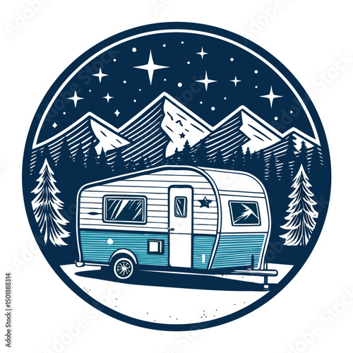 Design a vintage-style holiday badge featuring a charming tent trailer nestled beneath a twinkling star.  Include a festive, nostalgic feel.