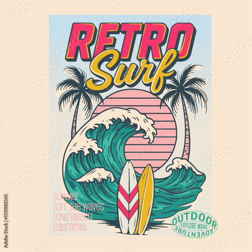 Retro Surf Slogan Beach wave tshirt artwork. suumer t-shirt design. vintage retro paradise graphic print design. Sunshine paradise graphic print tee design. tropical color graphicas.