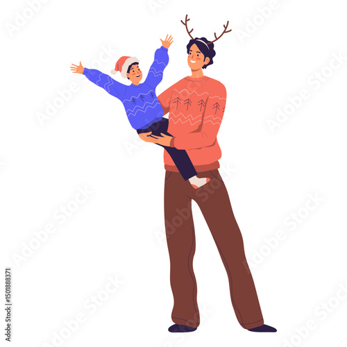 Man and boy raising arms illustration