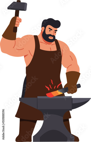 Blacksmith forging hot metal on anvil with hammer in workshop illustration vector 