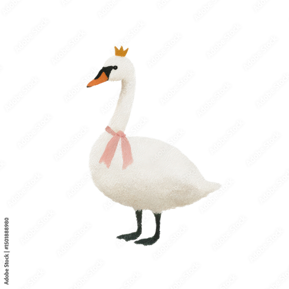 Obraz premium Swan in Royalty: A regal swan, adorned with a crown and a delicate pink bow, exuding an aura of royalty and elegance, stands gracefully in a pristine setting.