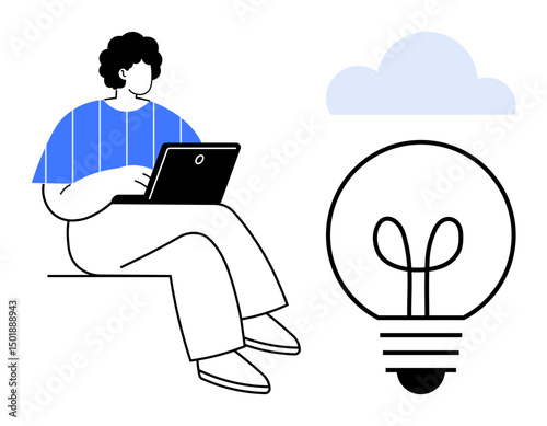 Individual working on a laptop with a large lightbulb and cloud, suggesting ideas and innovation. Ideal for creativity, brainstorming, remote work, ideation, productivity, simplicity, innovation