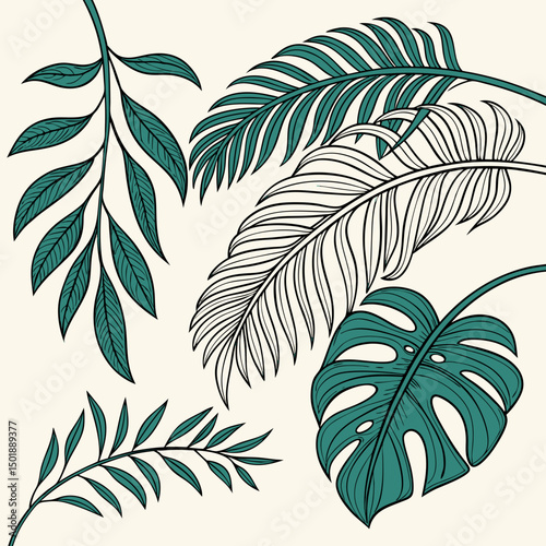 Set of tropical leaves and palm fronds vector illustration.