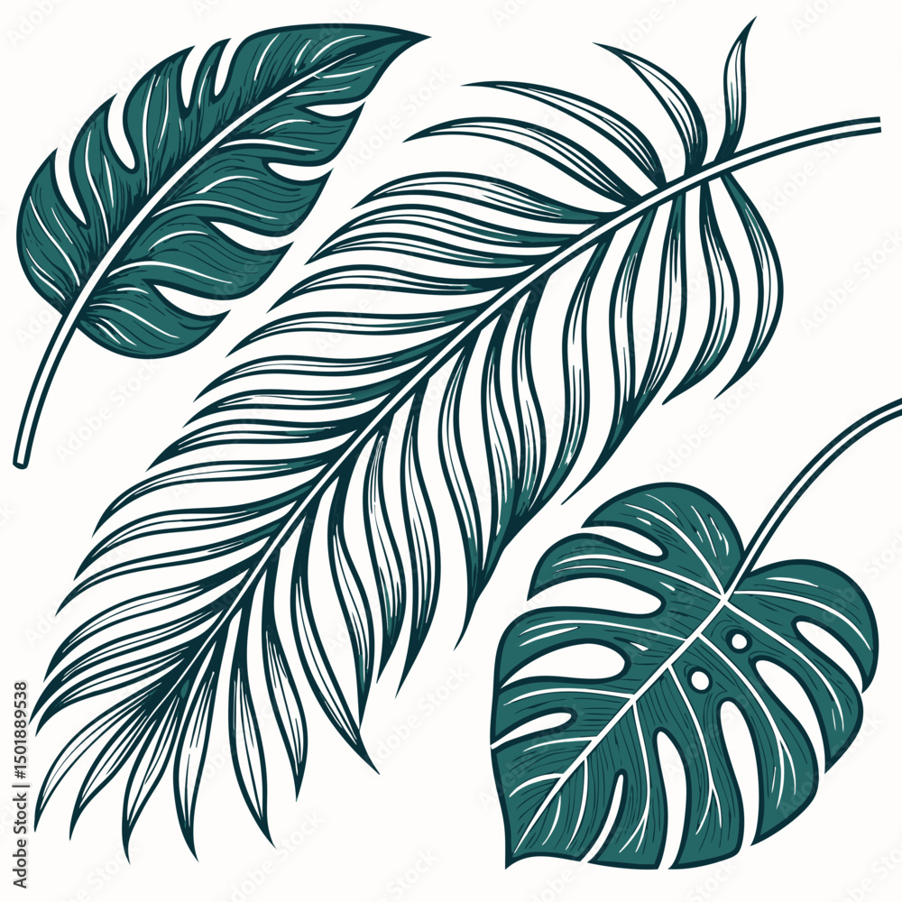 Obraz premium Set of tropical leaves and palm fronds vector illustration.