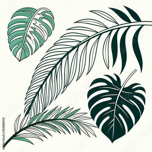 Set of tropical leaves and palm fronds vector illustration.