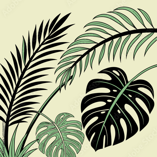Set of tropical leaves and palm fronds vector illustration.