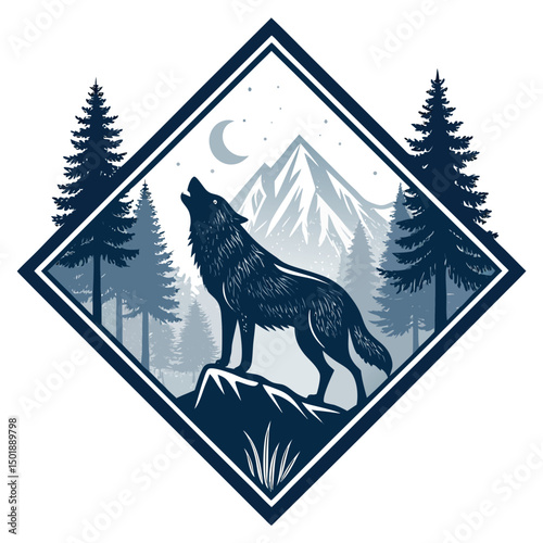 A majestic wolf howling at a full moon, silhouetted against a dark forest, all contained within a sparkling diamond shape.