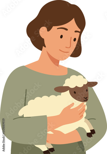Woman holding a sheep gently in arms caring for farm animal tenderly and calmly natural scene vector illustration 