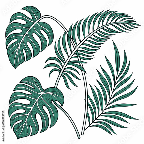 Set of tropical leaves and palm fronds vector illustration.