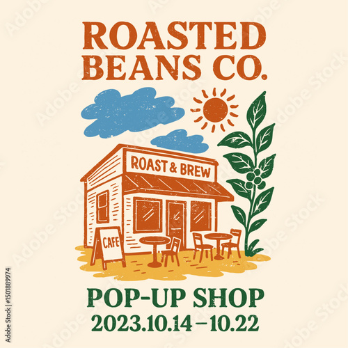 roast and brew pop up shop. roasted beans co. vintage retro coffee shop. organic coffe shop. t-shirt design graphics.