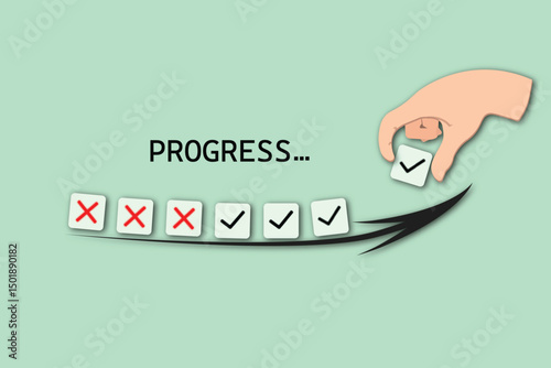 Motivational Vector of Progress – Hand Adding Final Tick Mark After Failures, Representing Consistency, Learning, and Goal Achievement Concept


