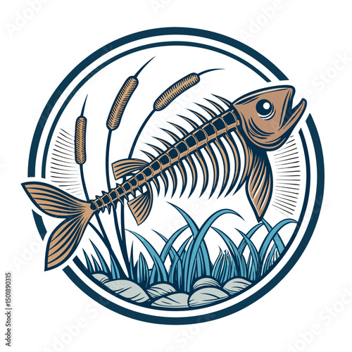 A detailed close-up of a vintage fish skeleton artfully arranged with fishing hooks and reeds, showcasing intricate bone detail in a captivating still life composition.