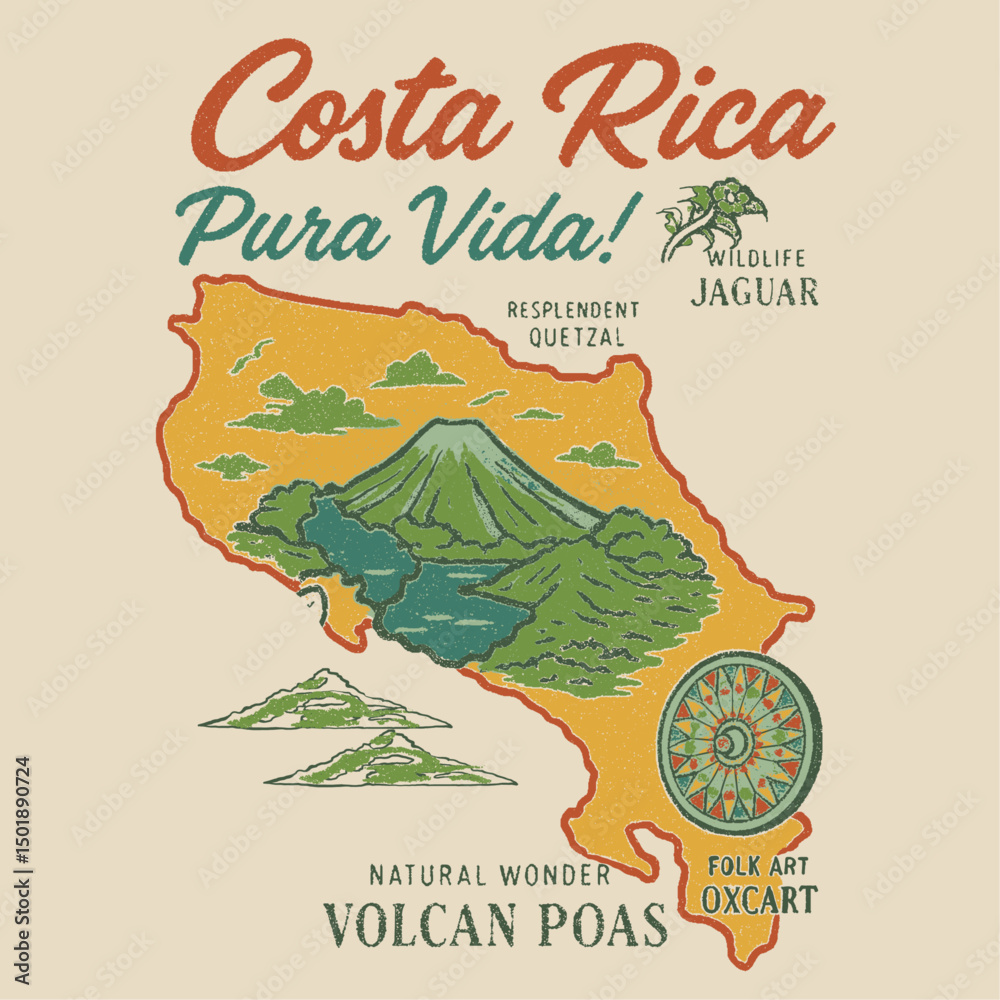 Costa rica pura vida graphics. summer natural wonder. wild jagura. vintage retro graphics for t-shirt. traditional print design for costa rica. map tee design .