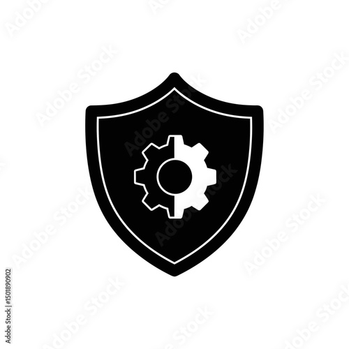 Shield with Gear Icon in Black and White Style  