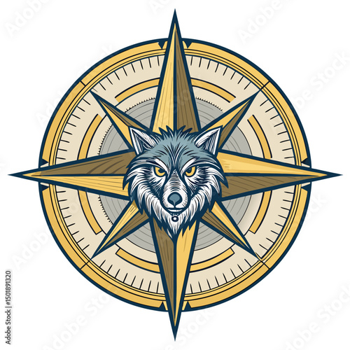 Design a vintage-style compass rose, replacing the central point with glowing wolf eyes, radiating a mystical aura.  Include intricate details and a faded color palette.