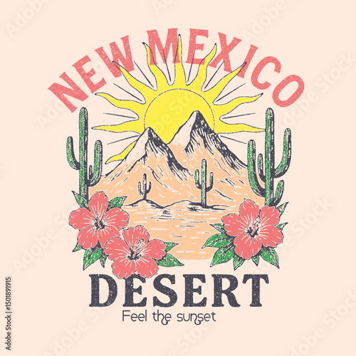 Desert adventure art. Mexico vintage print design for t shirt. Western desert artwork. summer t-shirt design. girl graphics in vector . flowers cacrus under the sunset.
