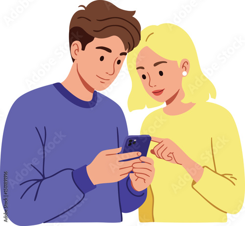 Young man and woman using smartphone together in casual interaction vector illustration 