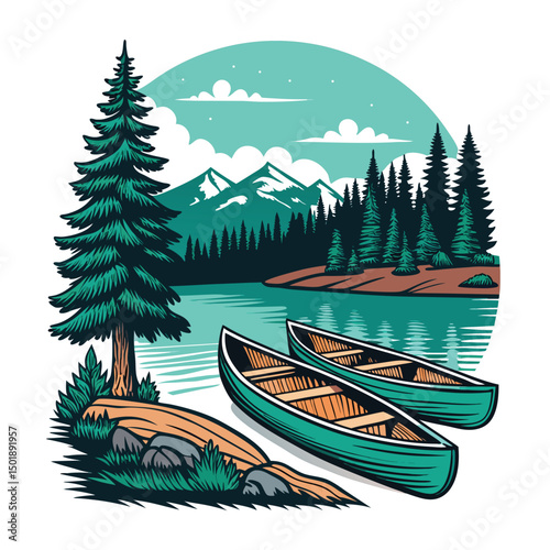 Design a vibrant lakeside holiday emblem featuring two canoes nestled amongst lush green forest foliage, evoking serenity and adventure.