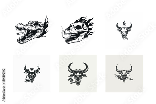 Vintage smoking animal skulls graphic set