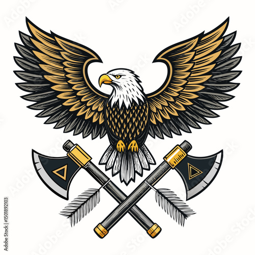 A majestic vintage-style eagle with outstretched wings, soaring above crossed American flags, rendered in a detailed, illustrative style.