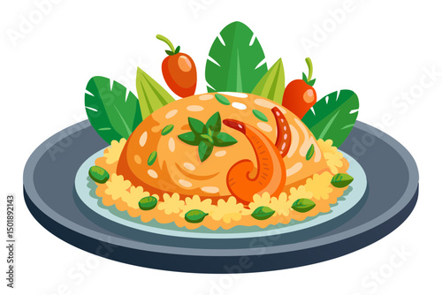 Tasty Bulgar Pilaf Served with Greens Illustration