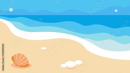 Tranquil Beach Scene with Shells and Waves Vector