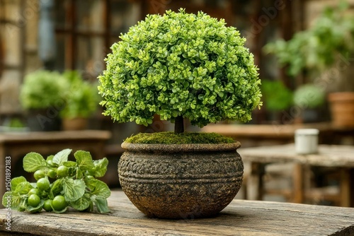 A lush green topiary tree in a rustic pot accompanied by fresh herbs on a wooden table perfec