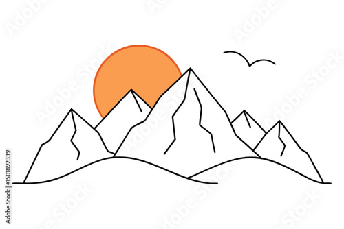 Mountain Range and Sun Line Drawing Scene