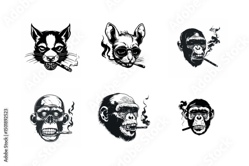 Six cool animal heads smoking cigars illustration