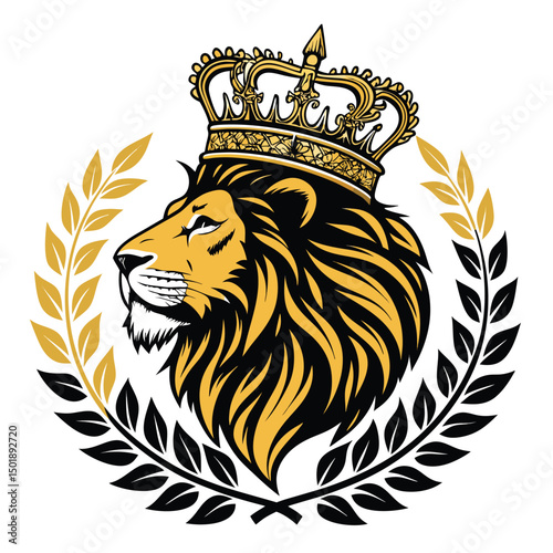 A majestic lion's head, regal and proud, adorned with a vintage golden crown and intertwined laurel leaves.  High detail, realistic.