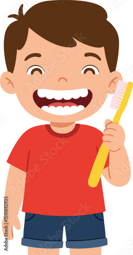 Happy boy brushing teeth with yellow toothbrush in red shirt and blue shorts vector illustration 