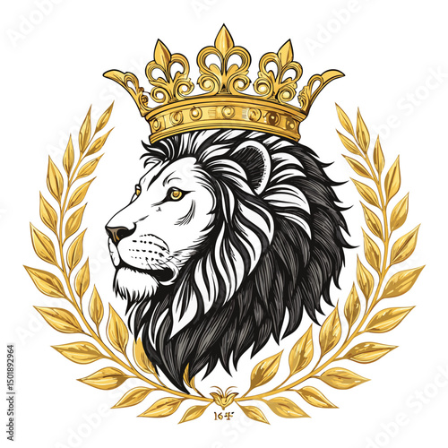 Majestic lion head, regal vintage crown, entwined laurel leaves;  powerful, symbolic, vintage style.