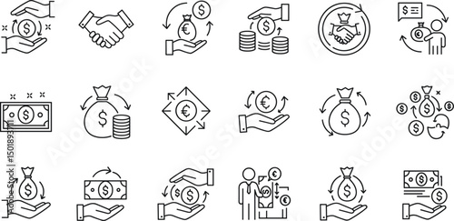 Business marketing icon set in line style. Containing agreement, donation, handshake, partnership, money, social media, megaphone, sponsor, purchase, Vector