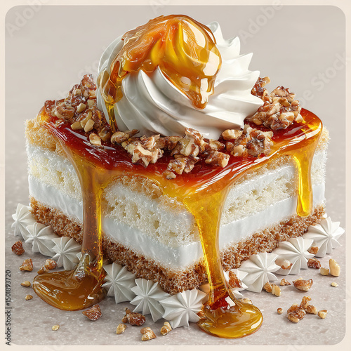 A rich slice of cake featuring caramel, whipped cream, and chopped nuts for a special treat.