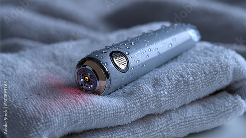 A sleek beauty device with water droplets is displayed on a soft, clean white towel.