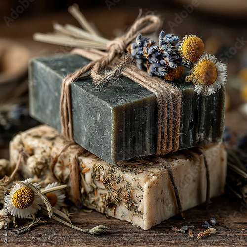 Artisan soaps with lavender and chamomile tied with twine on a rustic wooden surface.