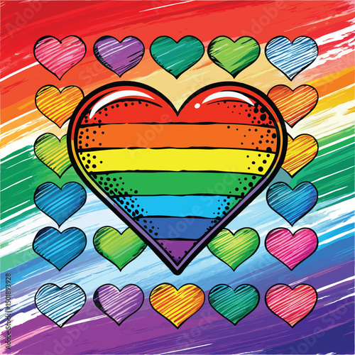 Colorful heart illustration displaying pride and lgbtq+ symbols for diversity and inclusion