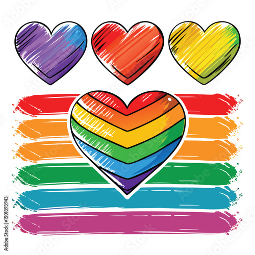 Colorful lgbt pride heart designs with painted brush strokes for celebration and love