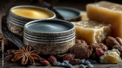 Artisan soaps, balms, and aromatic spices create a calming, inviting natural spa scene.