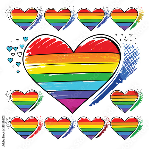Colorful pride hearts arranged in decorative pattern on white background celebrating lgbtq+ love
