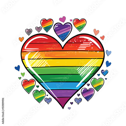 Colorful rainbow heart and decorative hearts symbolizing lgbtq+ pride and love