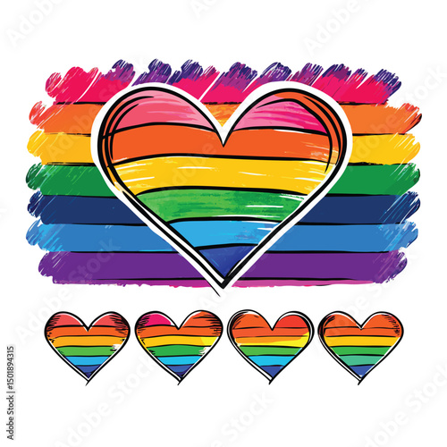 Colorful rainbow hearts and background representing pride and love with hand drawn artistic style