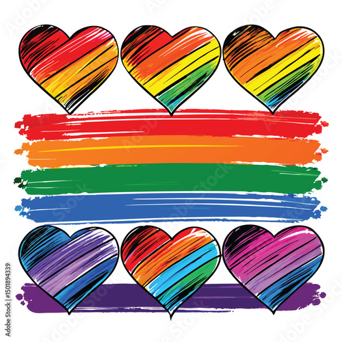 Colorful rainbow hearts and brushstrokes representing lgbtq pride and love on white background