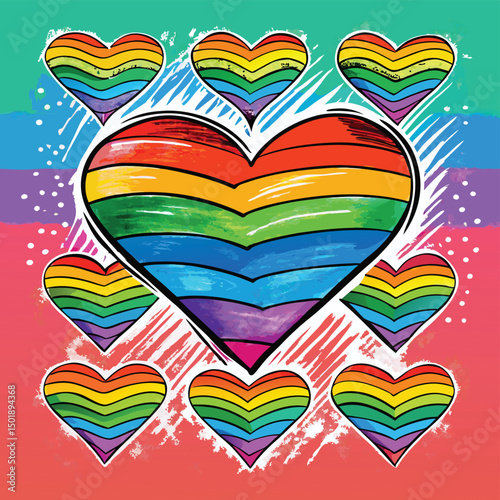 Colorful rainbow hearts displayed on a pride themed background illustrating diversity and inclusion
