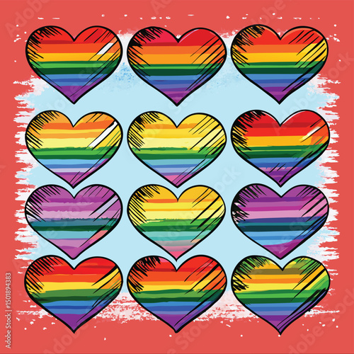 Colorful rainbow hearts in a grid celebrating pride and lgbtq+ community with artistic design