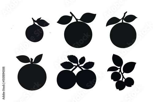 Collection of black silhouette fruits with leaves