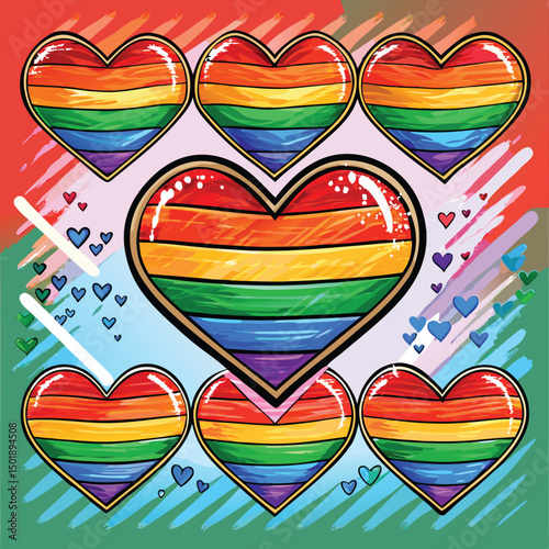 Vibrant and colorful artistic representation of love and pride hearts celebrating lgbtq+ community