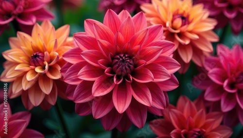 Bold dahlia petals, rich hues, repeating motif, intense, botanical